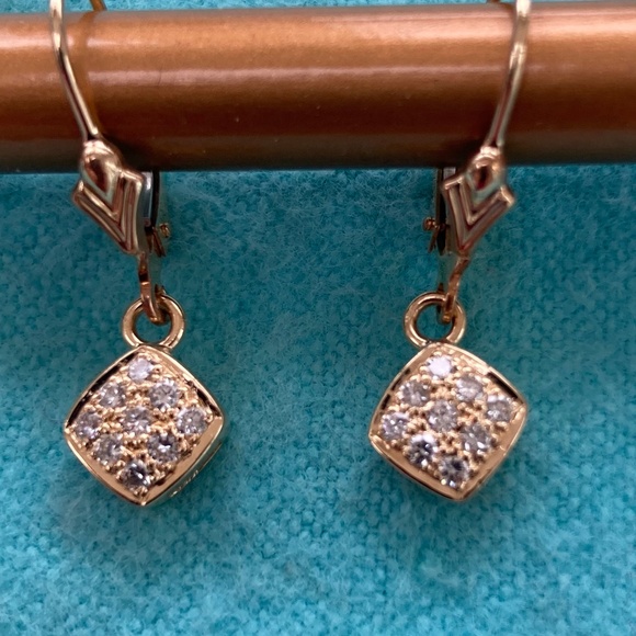 14k gold square diamond lever back earrings - Picture 6 of 10